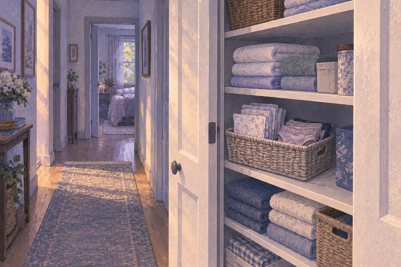 Wrapped pads and clean spare underwear in a basket inside a hallway linen cupboard.
