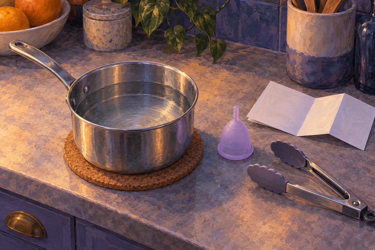 A saucepan on a trivet with a clean menstrual cup, tongs and an instruction leaflet beside it.