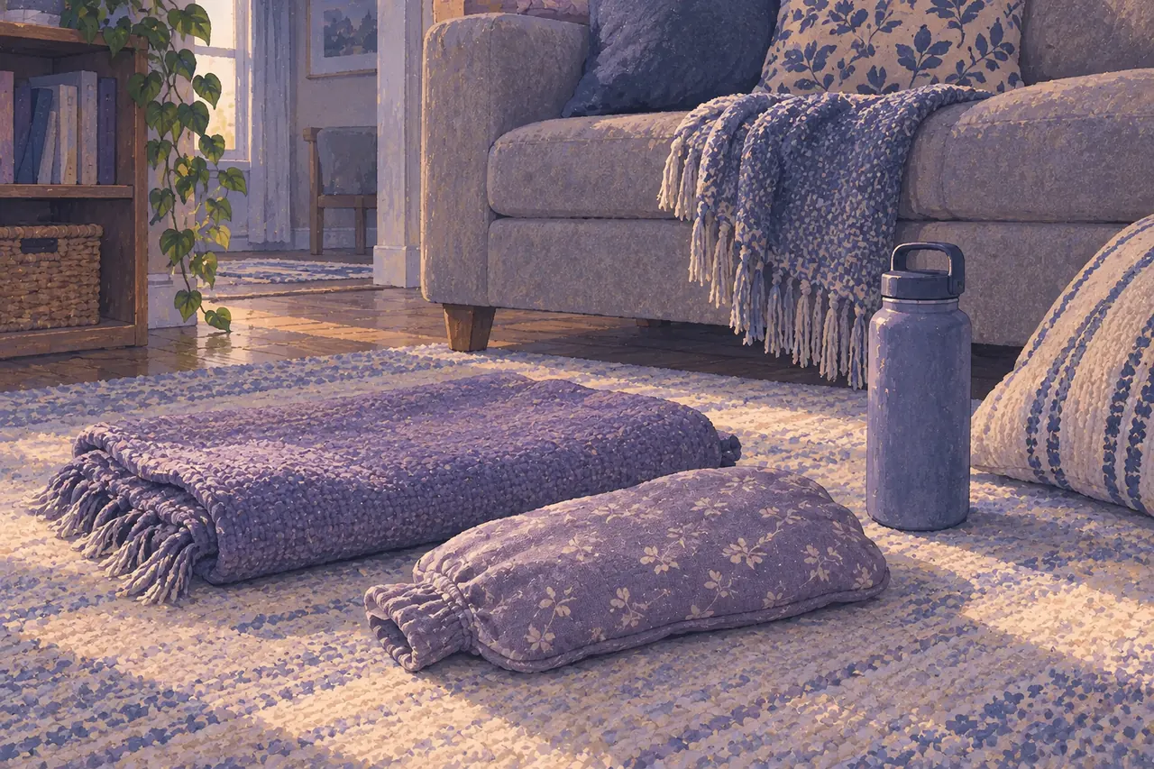 A blanket, covered warm pack and water bottle on a living-room rug beside a sofa.