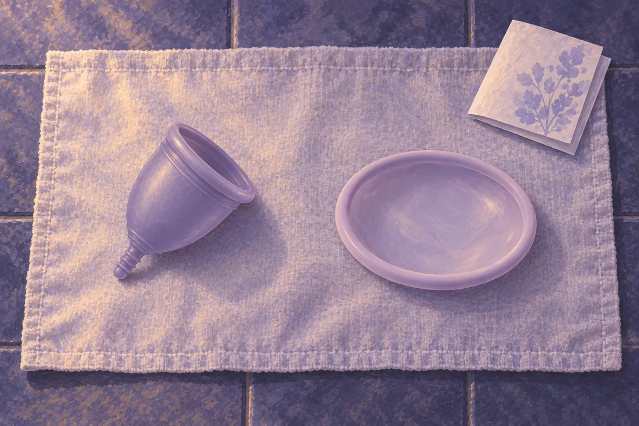 A deeper bell-shaped menstrual cup with a short stem beside a wider shallow menstrual disc on a lilac mat.