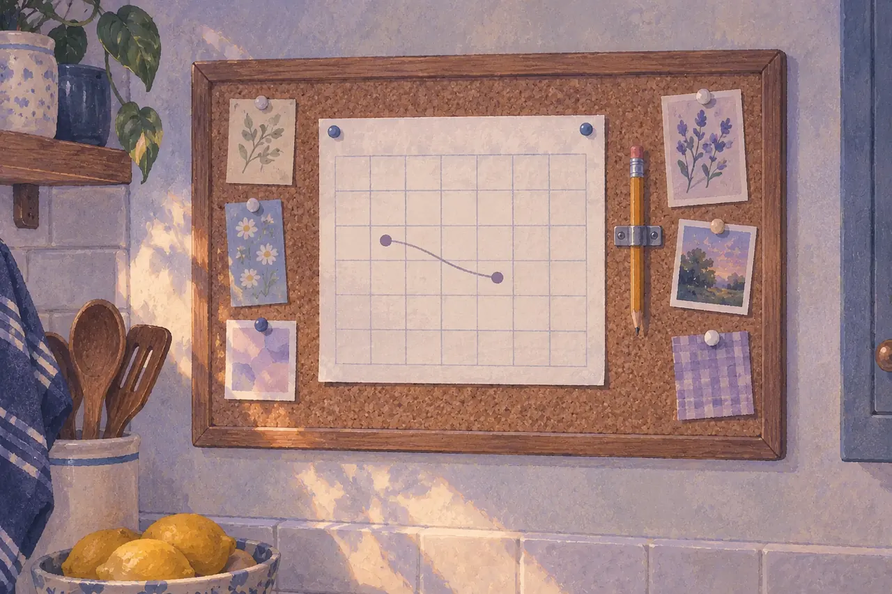 An illustrative calendar with two start markers on a kitchen cork noticeboard.