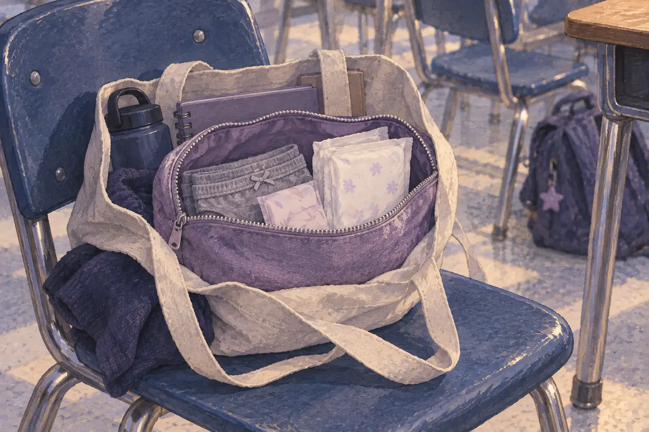 A tote on a classroom chair with a pouch holding clean spare underwear, a wrapped liner and a larger wrapped pad.
