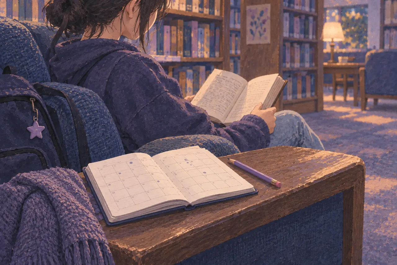 An illustrative calendar notebook and pencil on a library chair arm beside a clothed reader.