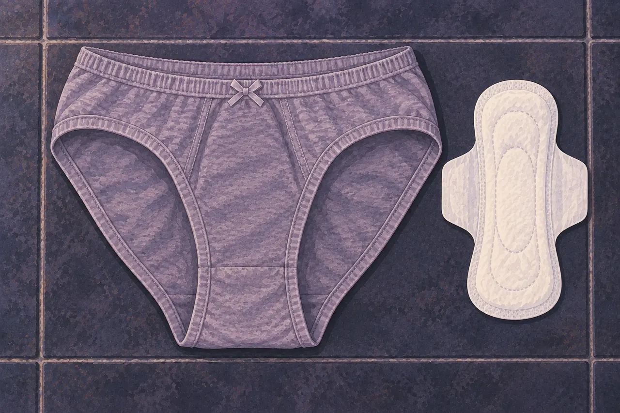 A whole pair of unworn cotton briefs and a separate fresh winged pad, soft side up, laid out on dark bathroom tiles.