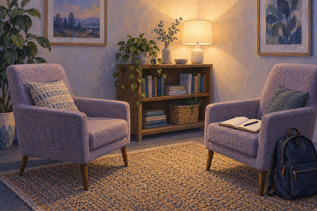 Two lavender chairs face each other in a quiet consultation room, with a notebook on one chair and a backpack beside it.