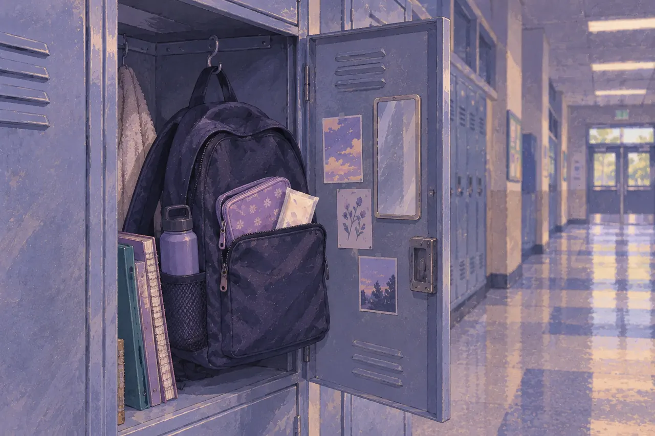An open school locker with a backpack hanging from a hook and a supply pouch and wrapped pad in its front pocket.