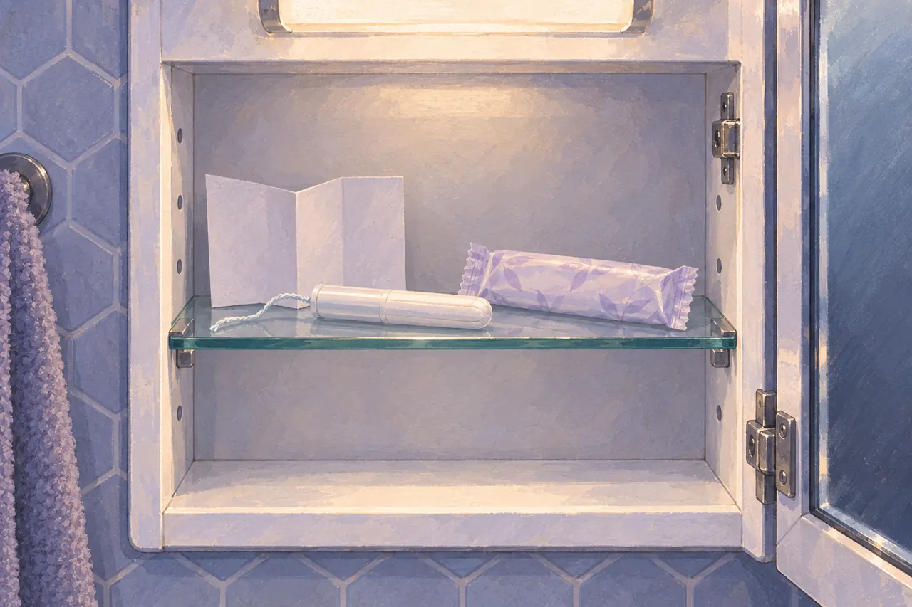 A tampon product, wrapped spare and folded product leaflet inside a bathroom cabinet.
