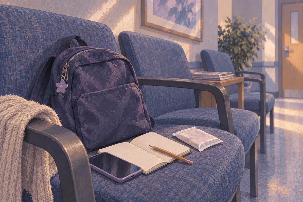 A blank notebook, pencil, phone and wrapped pad on a clinic waiting-room chair beside a backpack.