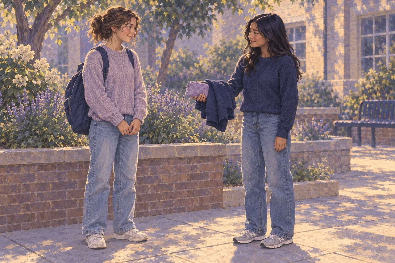 Two friends standing in a school courtyard, one offering a folded sweatshirt and a small lavender pouch.