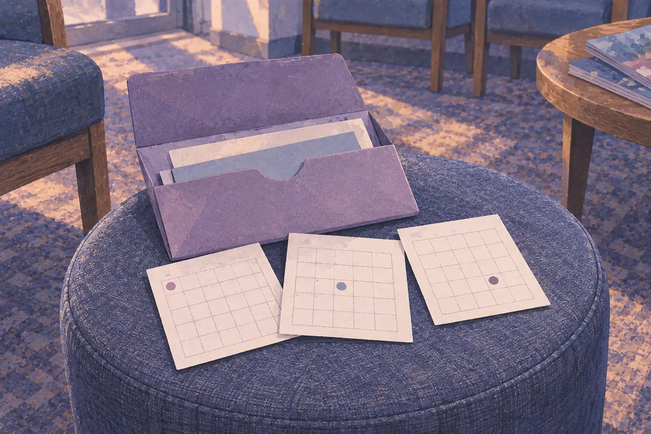 An open appointment folder with three illustrative calendar sheets on an upholstered waiting-area stool.