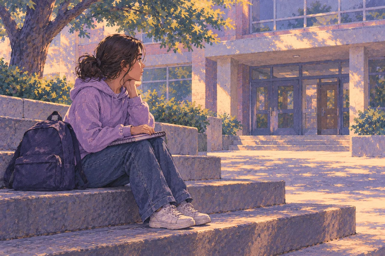 A clothed teen sits on school courtyard steps with a small notebook on their lap and a backpack beside them.