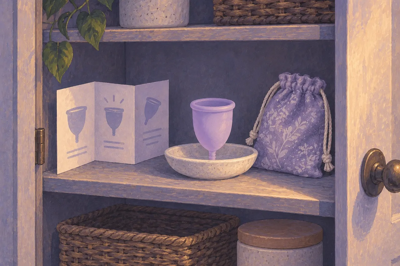 A lilac menstrual cup on a ceramic saucer beside a folded instruction leaflet and fabric storage bag in a cabinet.