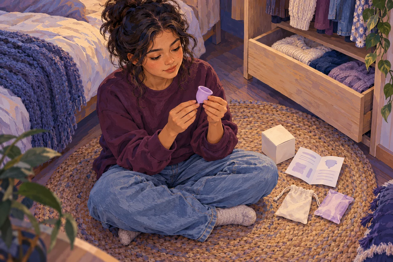 A clothed teenager seated on a bedroom rug examines a lilac menstrual cup beside its instruction leaflet, a plain box, a cotton pouch and a wrapped backup pad.