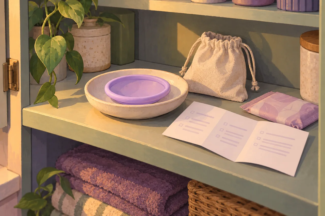A shallow lilac menstrual disc on a cream dish beside its instruction leaflet, a cotton storage pouch and a wrapped backup pad in a dry bathroom cabinet.