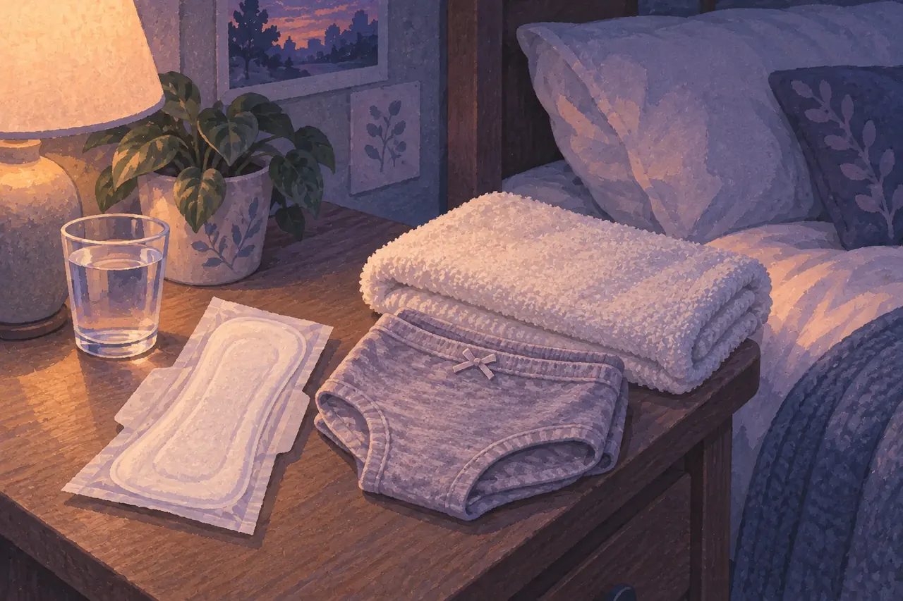 A fresh overnight-length pad, clean underwear and a towel prepared beside a bed.