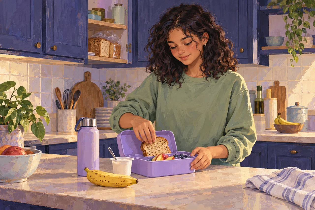 A teenager in a sage sweatshirt packs toast and familiar food into a lavender lunchbox at a kitchen counter beside yogurt, a banana and a water bottle.