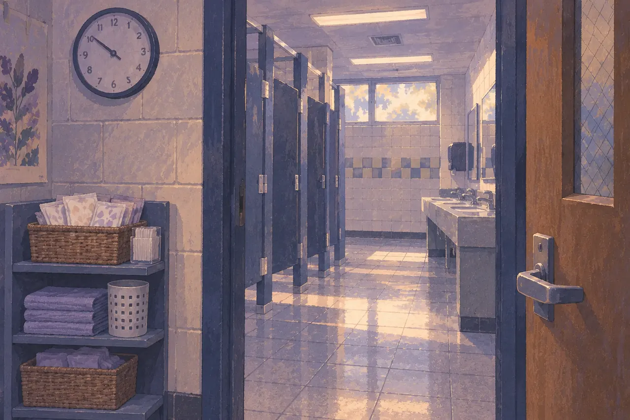 A school bathroom doorway with a shelf of wrapped pads and a wall clock.