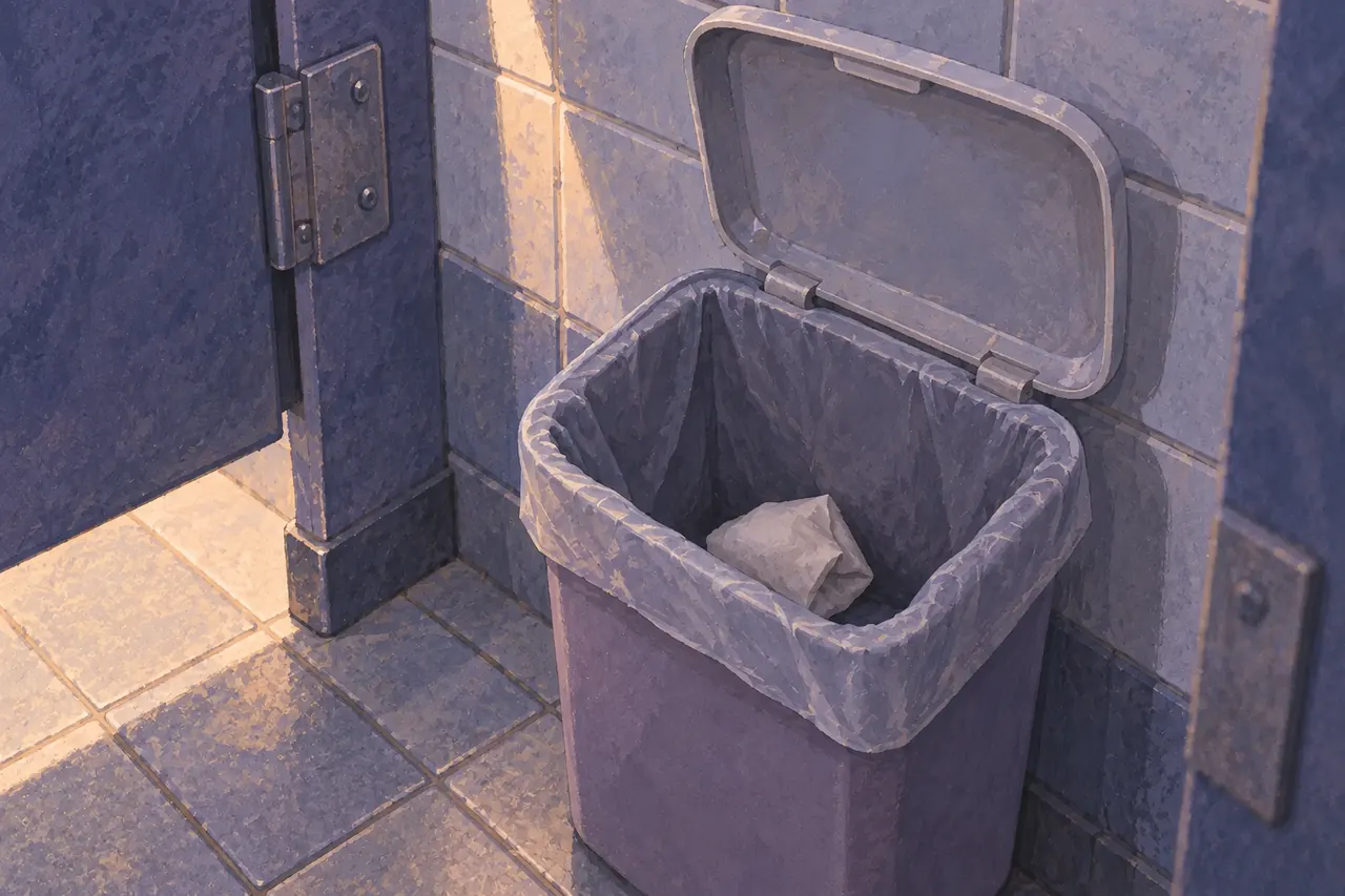 A plain tissue-wrapped bundle inside a lined sanitary disposal bin in a tiled bathroom stall.
