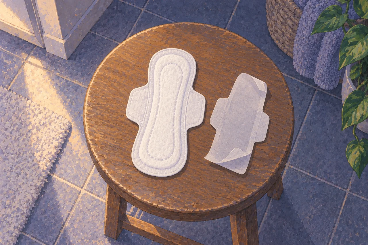 A clean winged pad lies flat on a wooden stool, soft side up, with curled backing paper beside it.