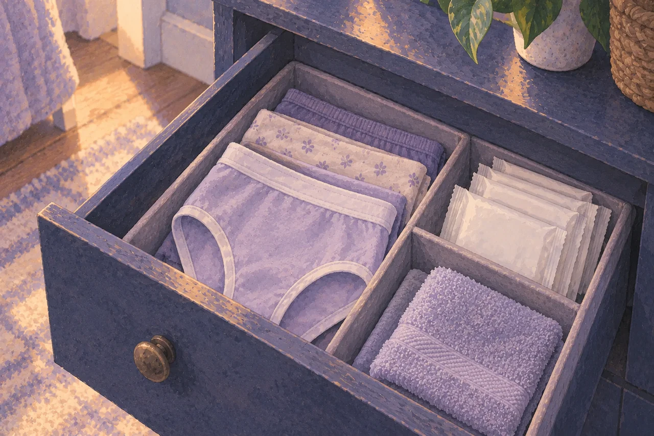 Clean cotton underwear, wrapped pads and a soft washcloth arranged in separate linen-drawer compartments.