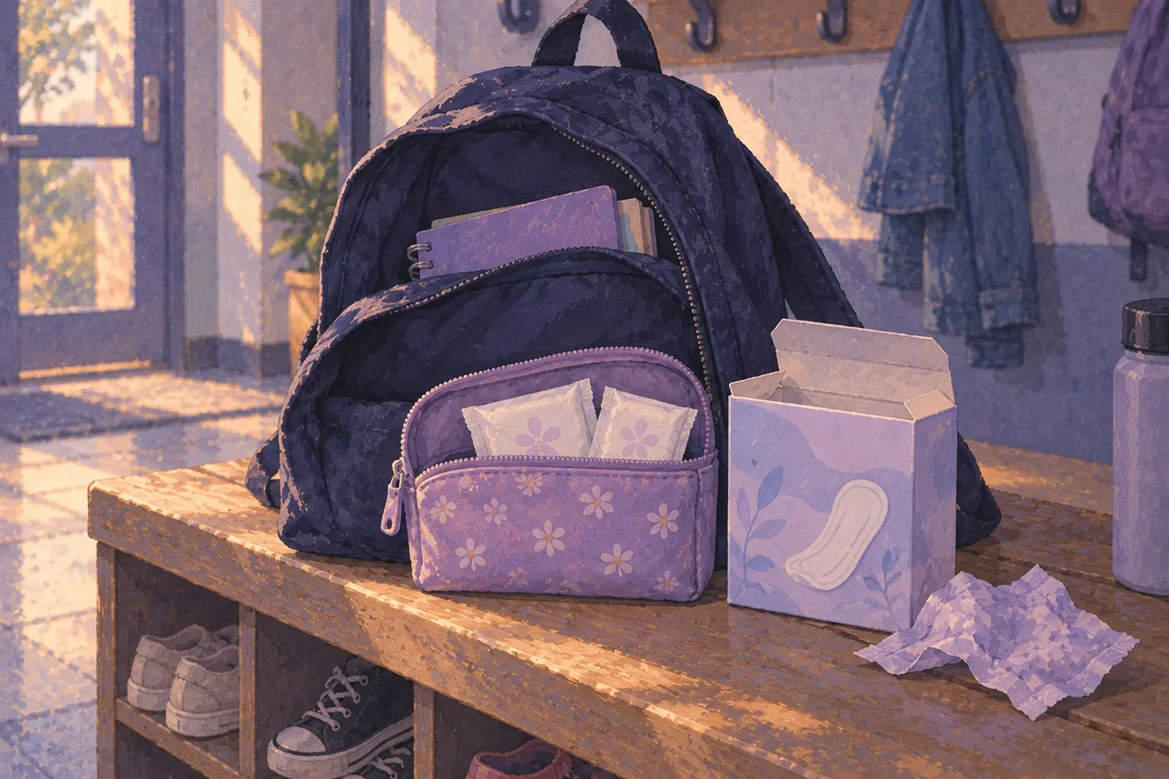 A dry supply pouch and intact wrapped pads in an open school backpack beside a product carton.