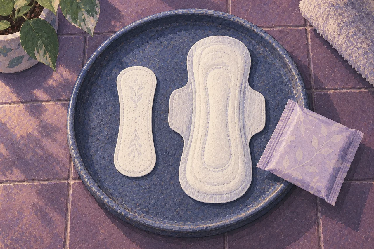 A small slim pantyliner and a larger winged period pad side by side on a blue ceramic tray.