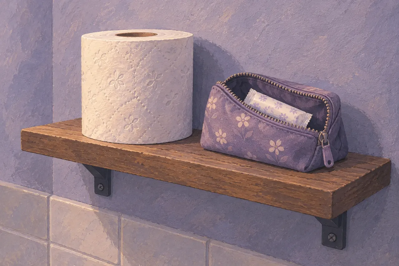 Toilet paper and a spare tampon pouch on a bathroom wall shelf.