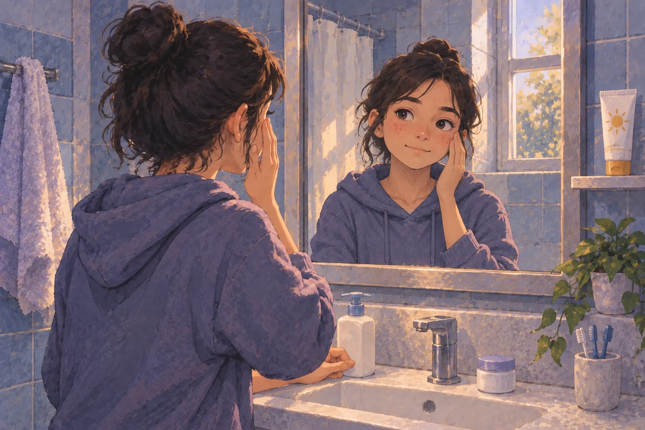 A clothed teen uses fingertips gently on their cheek beside a bathroom mirror and a few plain skin-care products.