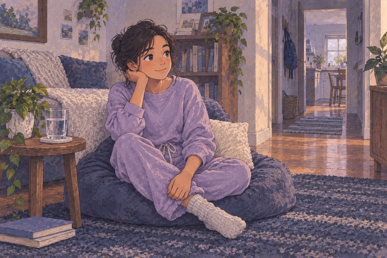 A clothed teen rests on a floor cushion in loose comfortable clothing, with water within reach.