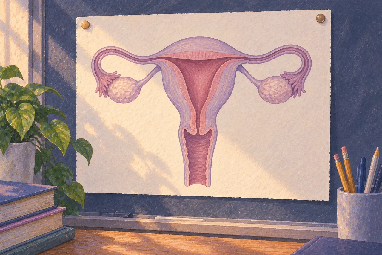 A simplified painted diagram of the uterus and its lining, narrowing through the cervix into the vaginal canal, with fallopian tubes and ovaries at the sides.