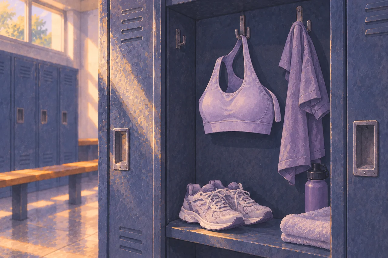 A plain supportive sports bra and T-shirt hang from hooks in a changing-room cubby, with trainers below.