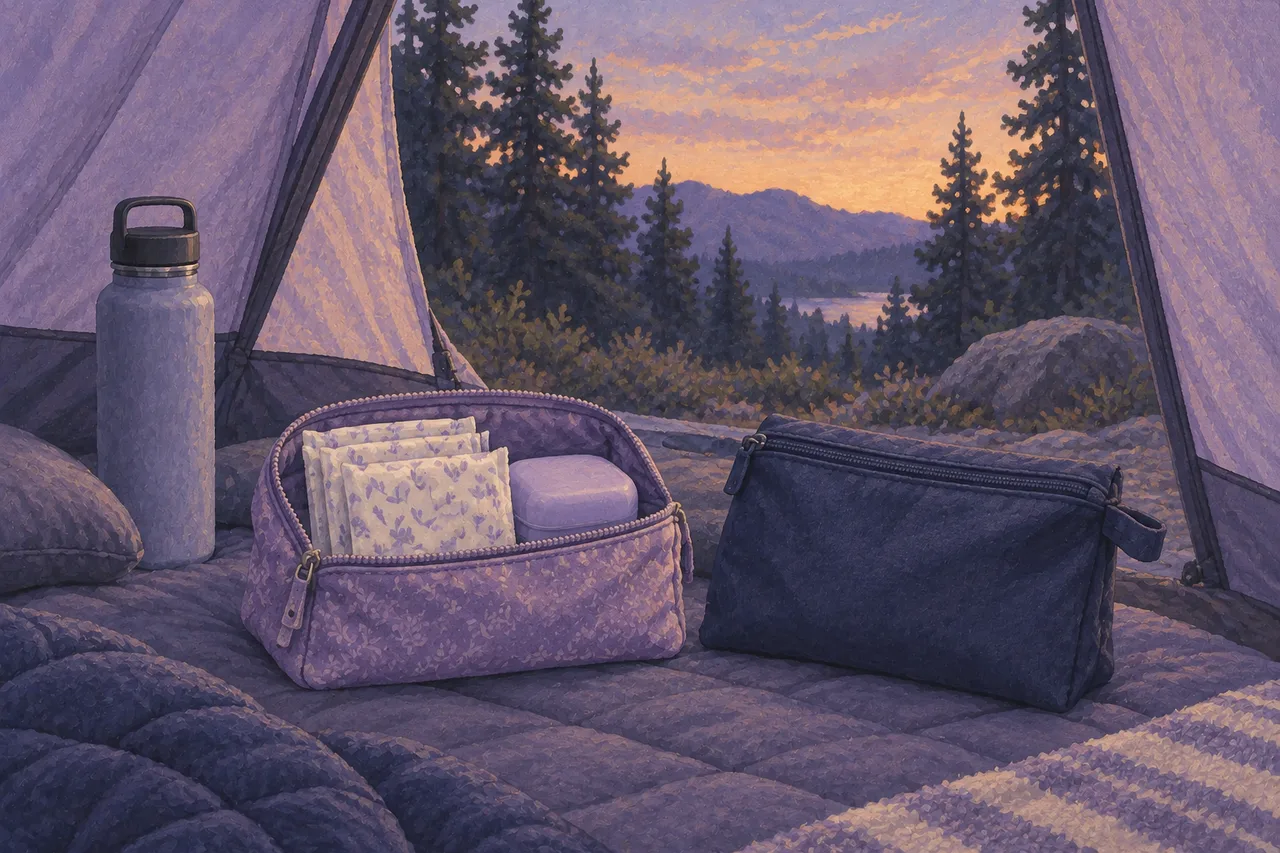 Separate clean-supply and closed waste pouches with a water bottle inside a tent, with pine trees beyond the opening.