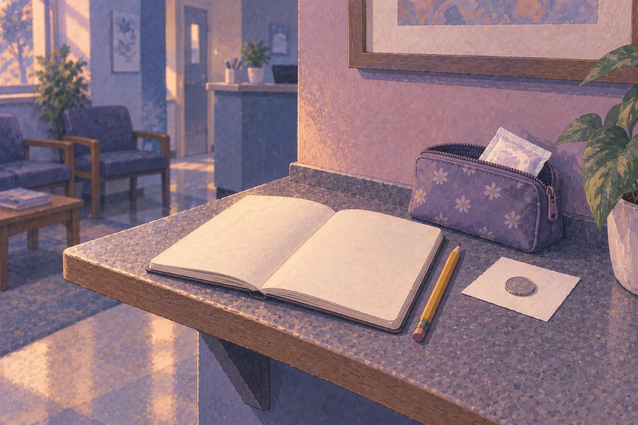 A blank notebook, pencil and coin-sized reference beside a supply pouch in an appointment-preparation corner.