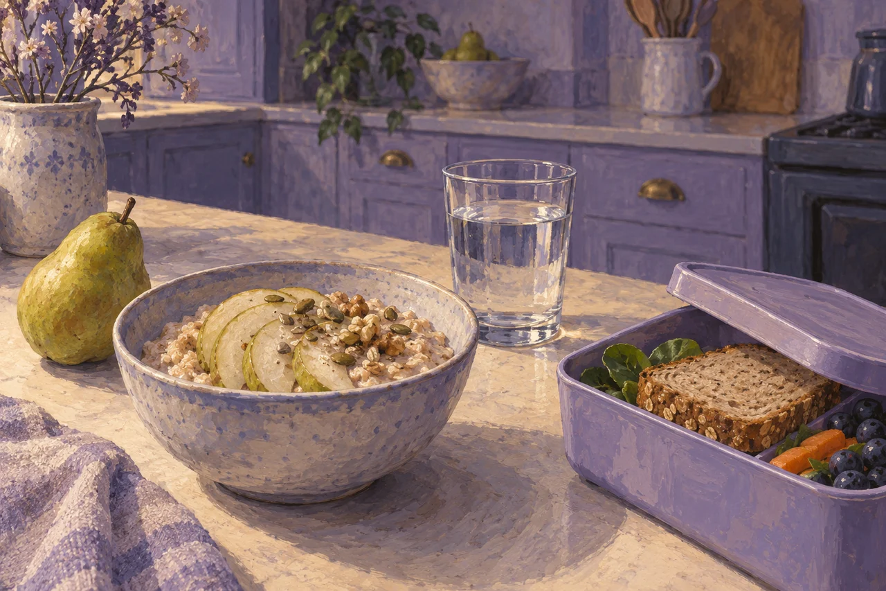 A bowl of oats with pear, a glass of water and a lunch container on a lavender kitchen counter.