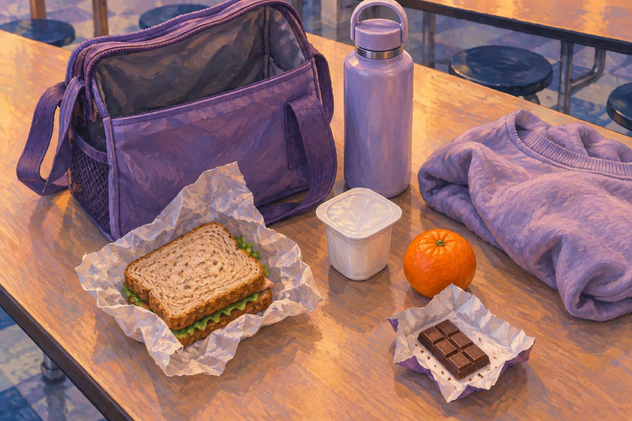 A lunch bag, sandwich, yogurt, mandarin, chocolate and water bottle on a school cafeteria table.
