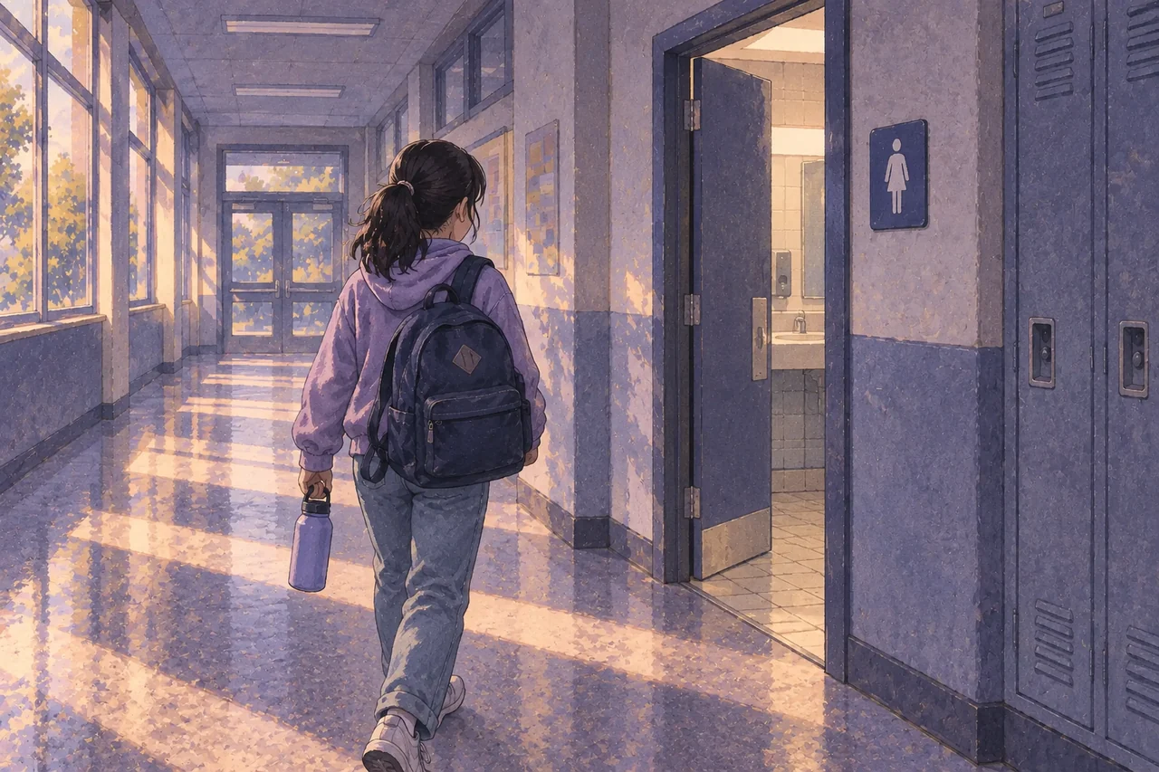A clothed student carrying water walks toward a school restroom doorway.