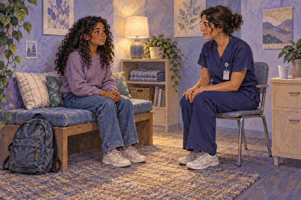 A student sits on a cushioned bench while a school nurse listens beside her.
