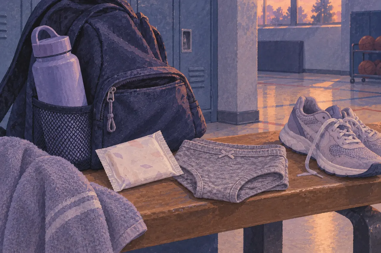 A sports bag with a wrapped pad, spare underwear, water bottle and trainers beside a gym bench.