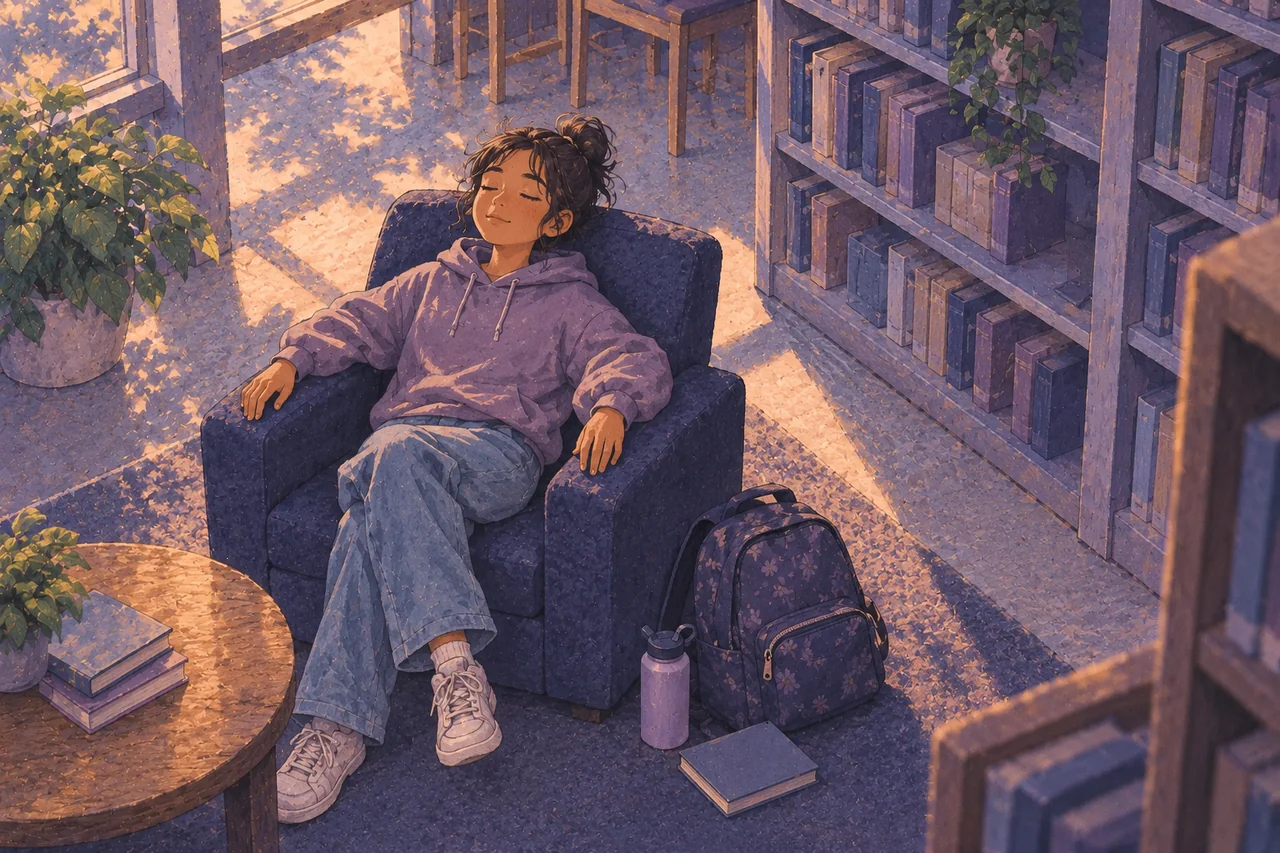 A clothed student takes a quiet rest in a school-library chair, with a closed book and backpack nearby.