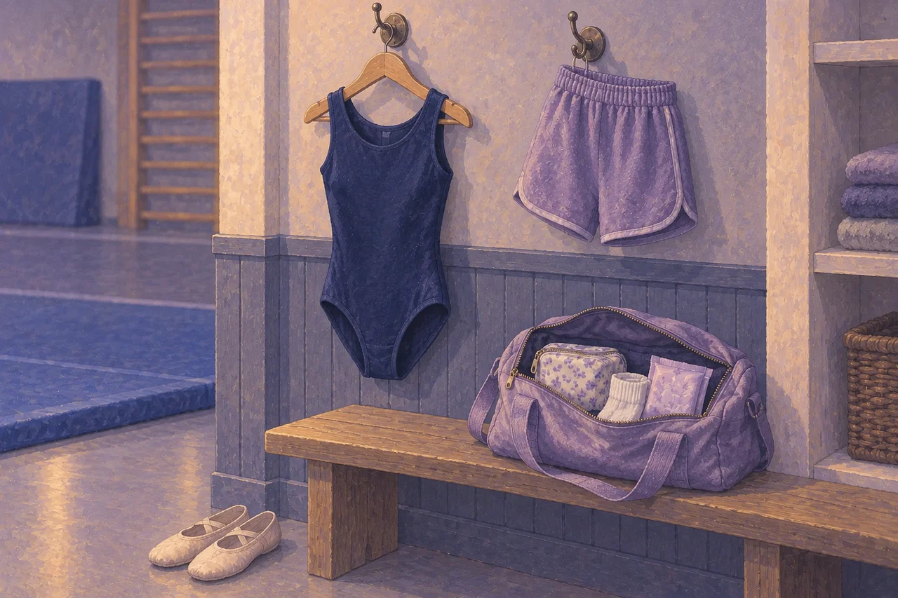 A navy leotard and lavender shorts hanging beside a studio bench with a gym bag, period supplies and ballet shoes.