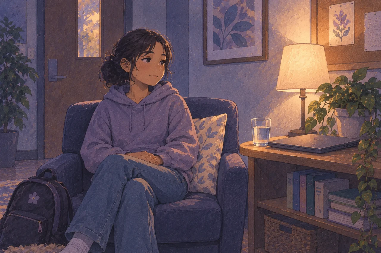 A clothed student rests in a quiet school support space with a closed laptop and water nearby.