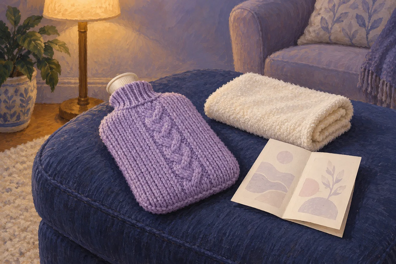 A hot-water bottle in a lavender knitted cover rests beside a folded towel and paper leaflet on an indigo ottoman.