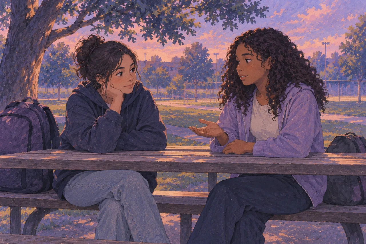 Two clothed friends sit on a park bench, one listening while the other explains how they feel.