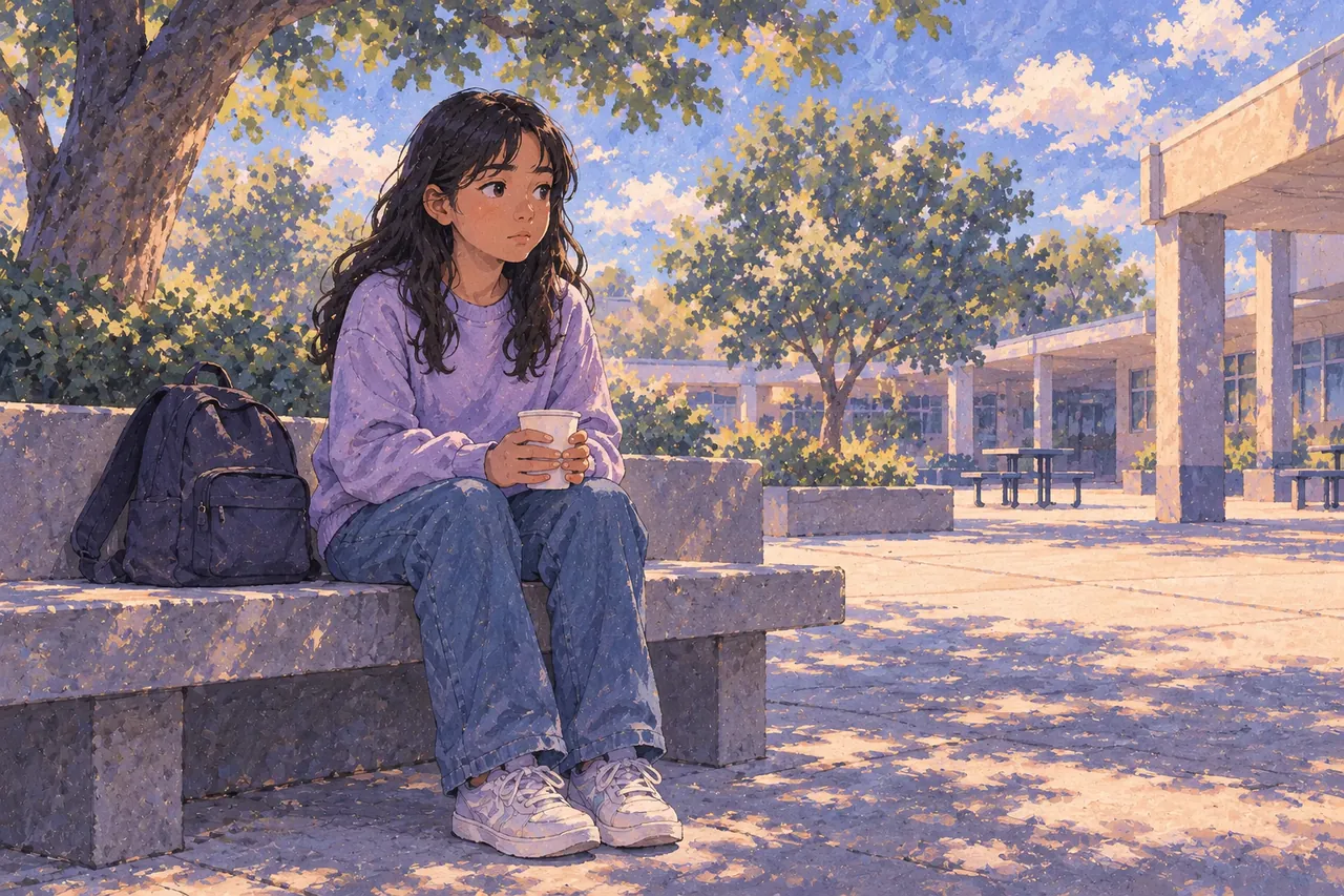 A clothed student sits upright on an outdoor school bench holding a small cup of water.