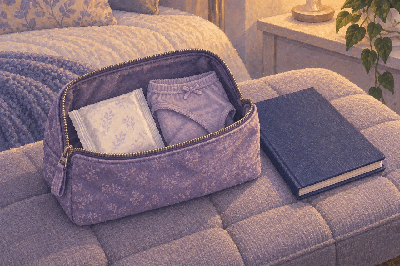 An open lavender pouch with a wrapped pad and spare cotton briefs beside a closed notebook on a quilted bedroom bench.