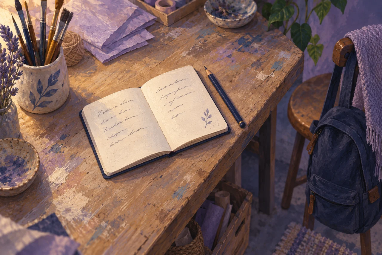 An open pocket notebook and pencil on a paint-marked craft bench, with brushes, lavender paper and a backpack nearby.