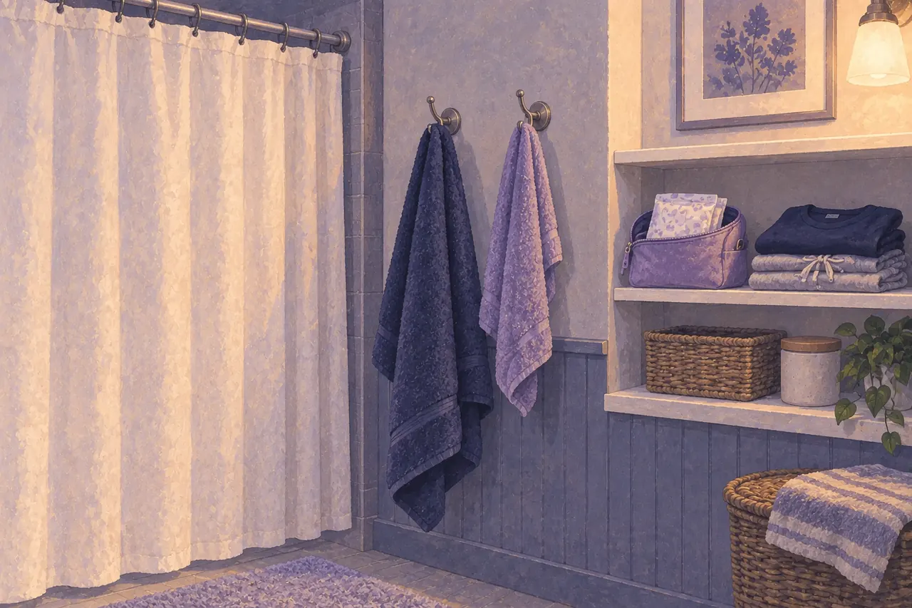 Dry towels on hooks beside a closed shower curtain and a shelf of clean supplies.