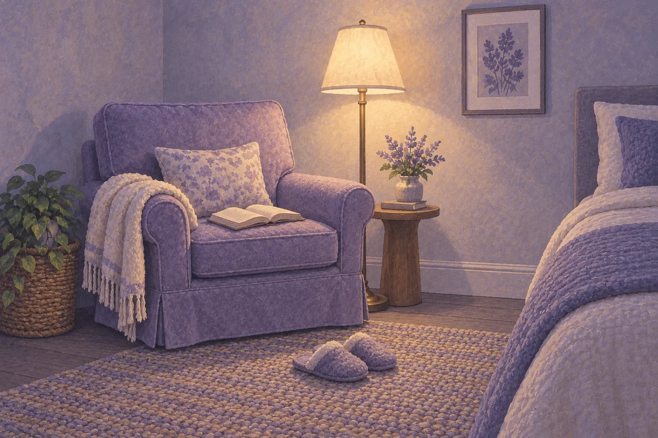 An open book on a lavender armchair beside a softly lit lamp, with slippers on the rug.