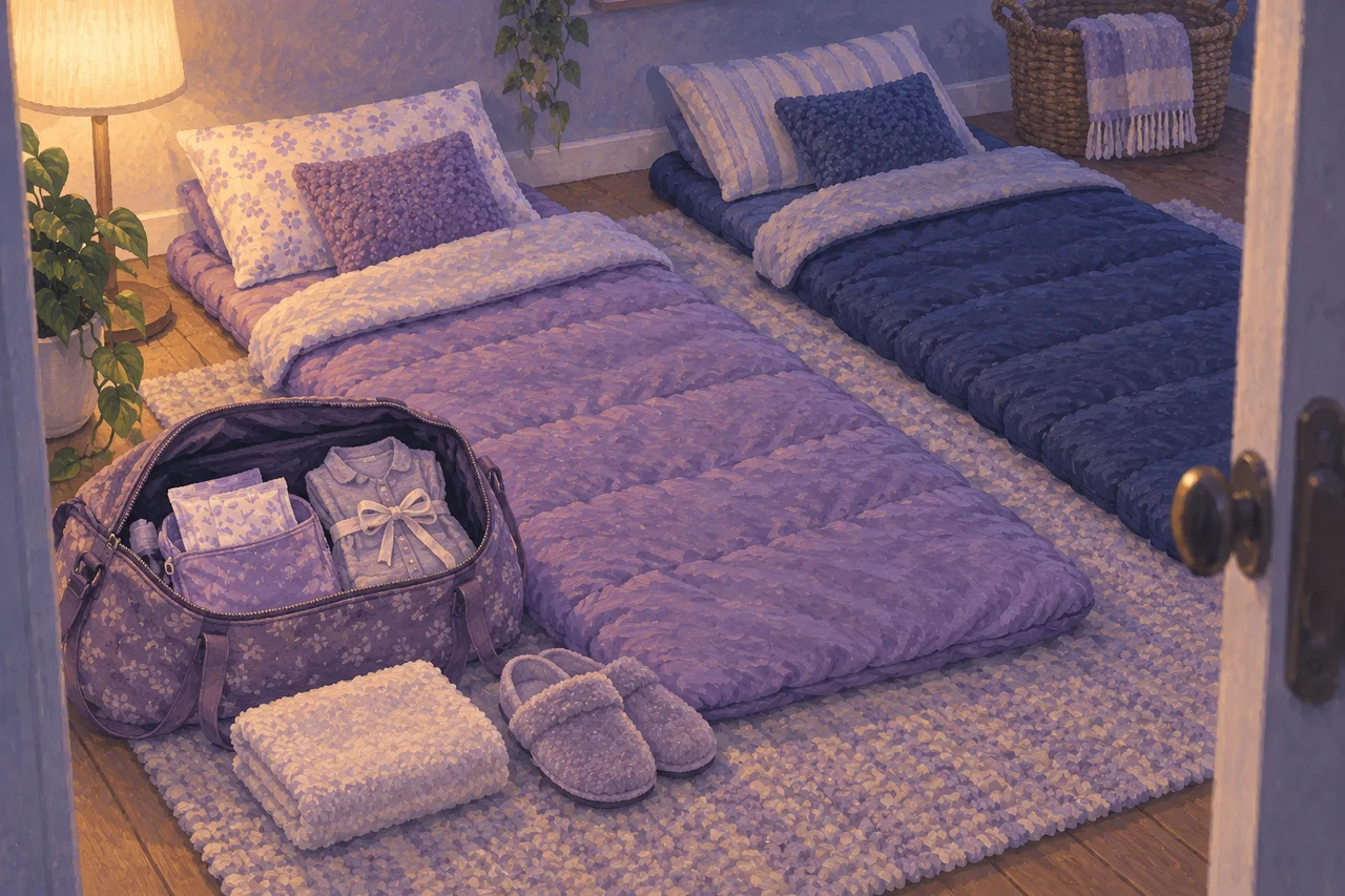 Two sleeping bags in a guest room beside an open overnight bag holding pajamas and a pouch of wrapped period supplies.