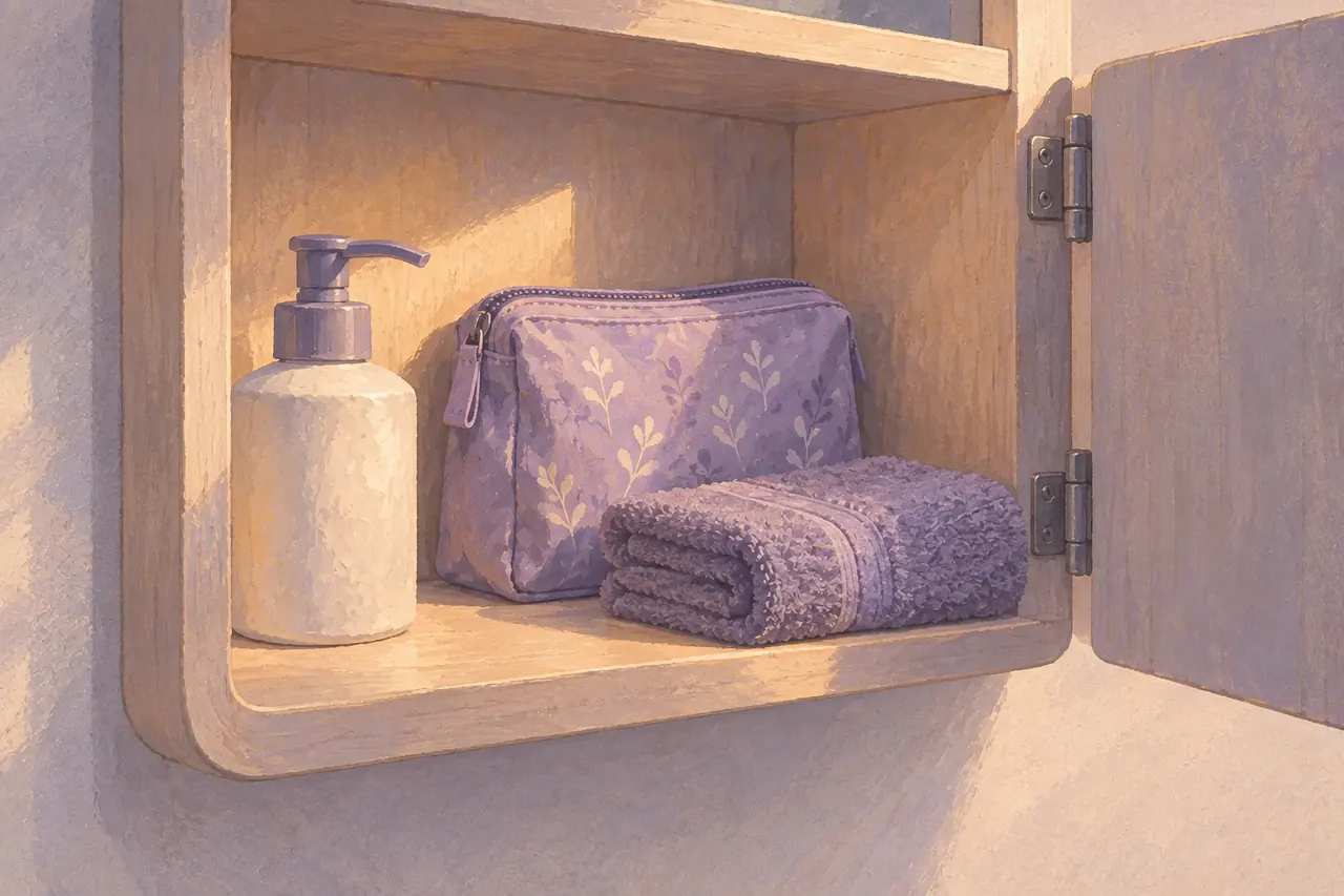 An open bathroom cabinet with unbranded soap, a fresh supply pouch and a folded towel.